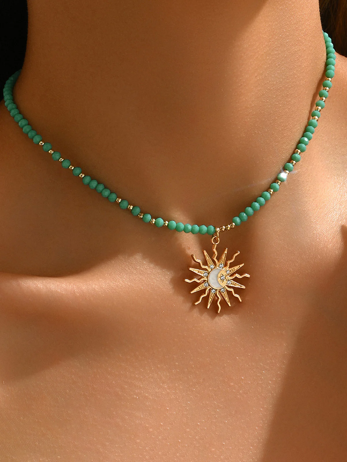 Turquoise Beaded Choker with Sun-Moon Pendant