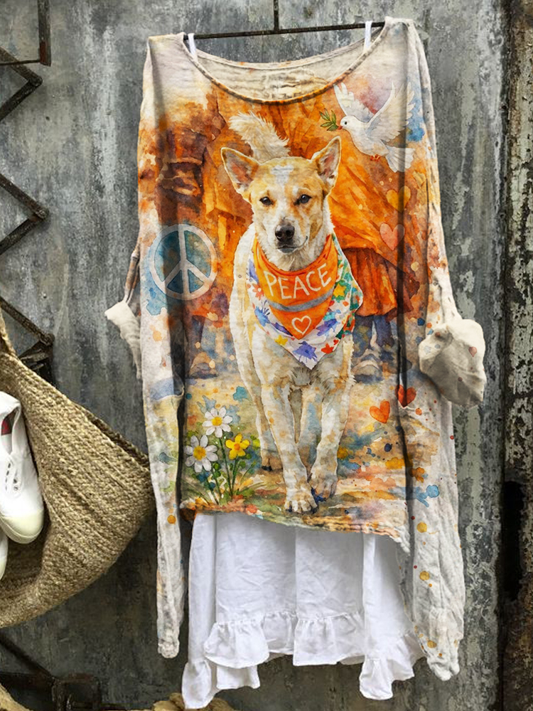 Walk For Peace Aloka Dog Watercolor Art Linen Tunic