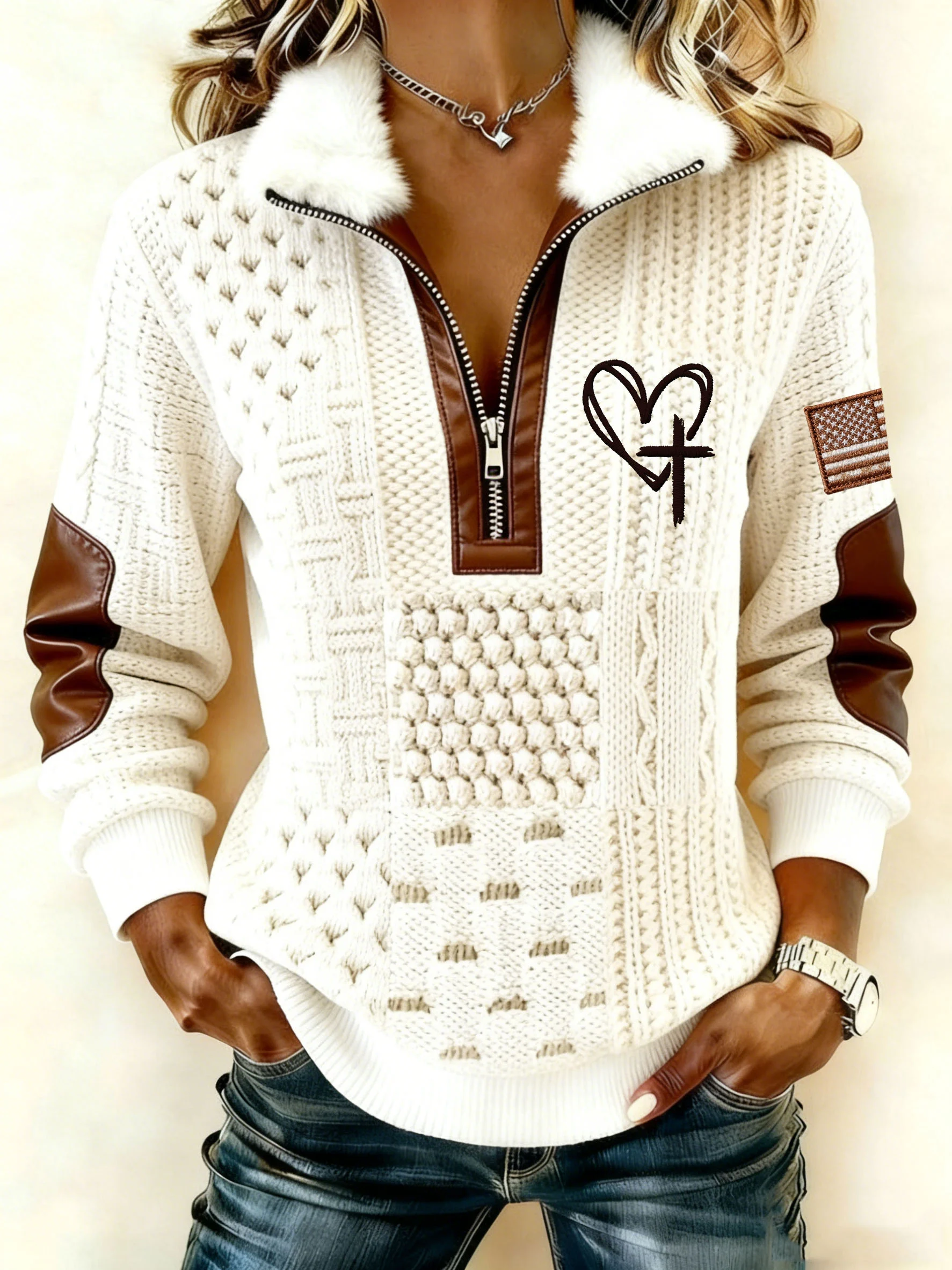 Women's Winter Retro Style Faith Print Fur Collar Top-Fast Shipping