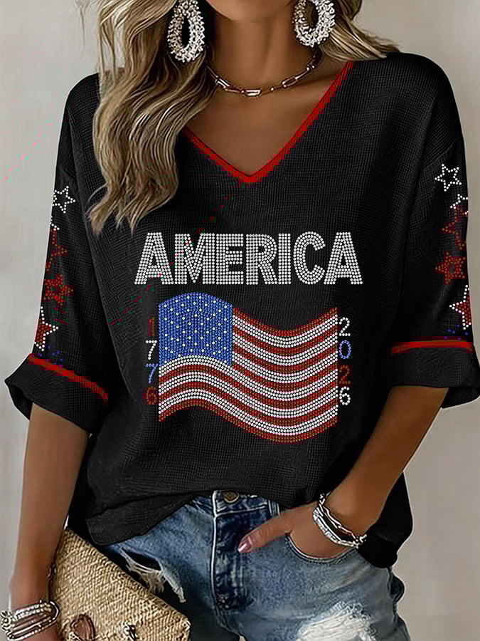 Women's American 250th Anniversary Three-Quarter Sleeve V-Neck Top