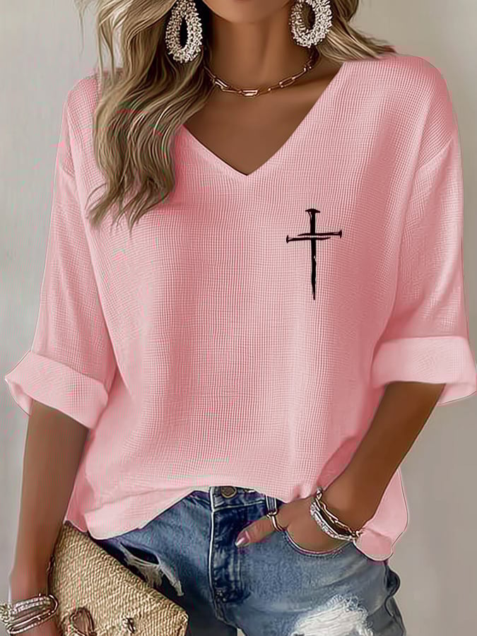 Women's Retro Faith Cross Design Printed Waffle Long Sleeve T-Shirt