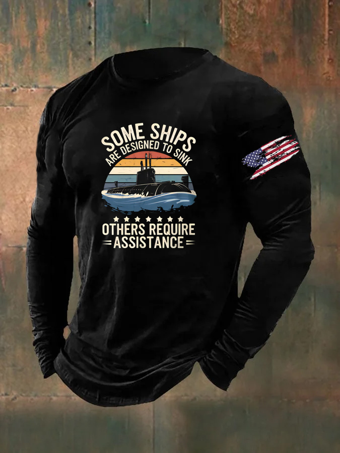 Men's  Navy Vintage Pattern Long Sleeve 100% Cotton T-Shirt