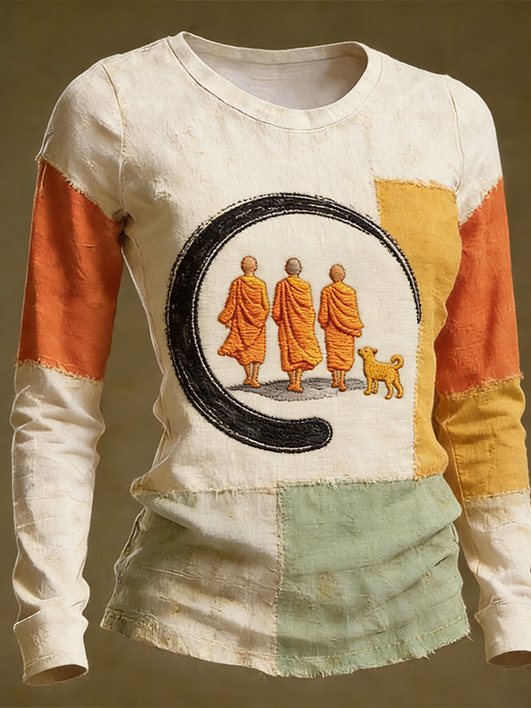 Walk For Peace Slogan Pattern Design Casual Color-blocked Long-sleeve T-shirt