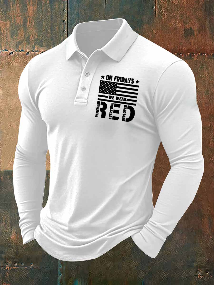 On Fridays We Wear Red Print Casual Long Sleeve Polo Shirt