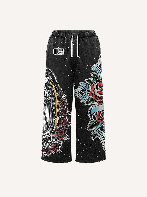 Cross&Floral&Figure Faux Decal Print Elastic Waist Pants
