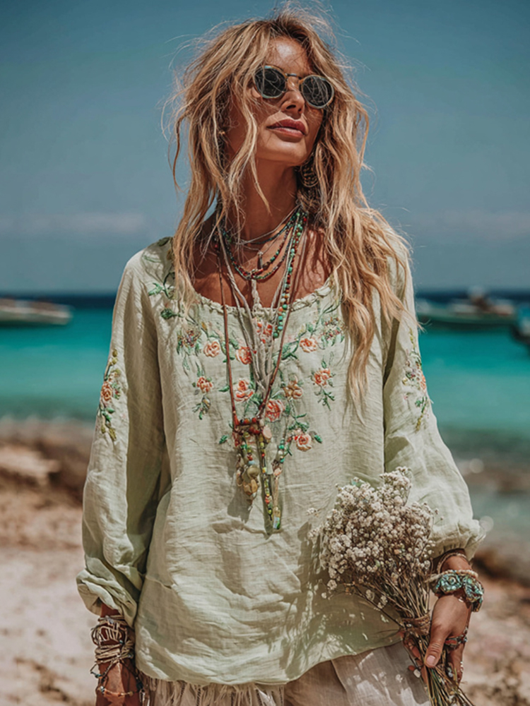 Women's Floral Print Crew Neck Linen Blend T-shirt