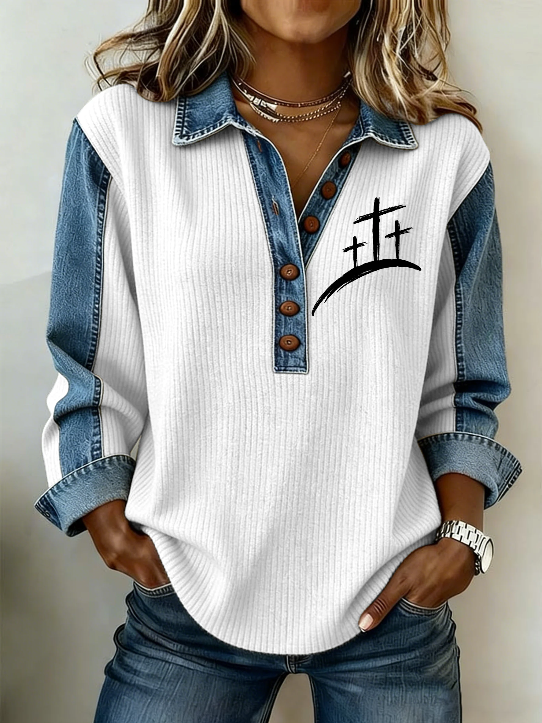 Women's Faith Printed Collar Button-Down Knit Top-Fast Shipping