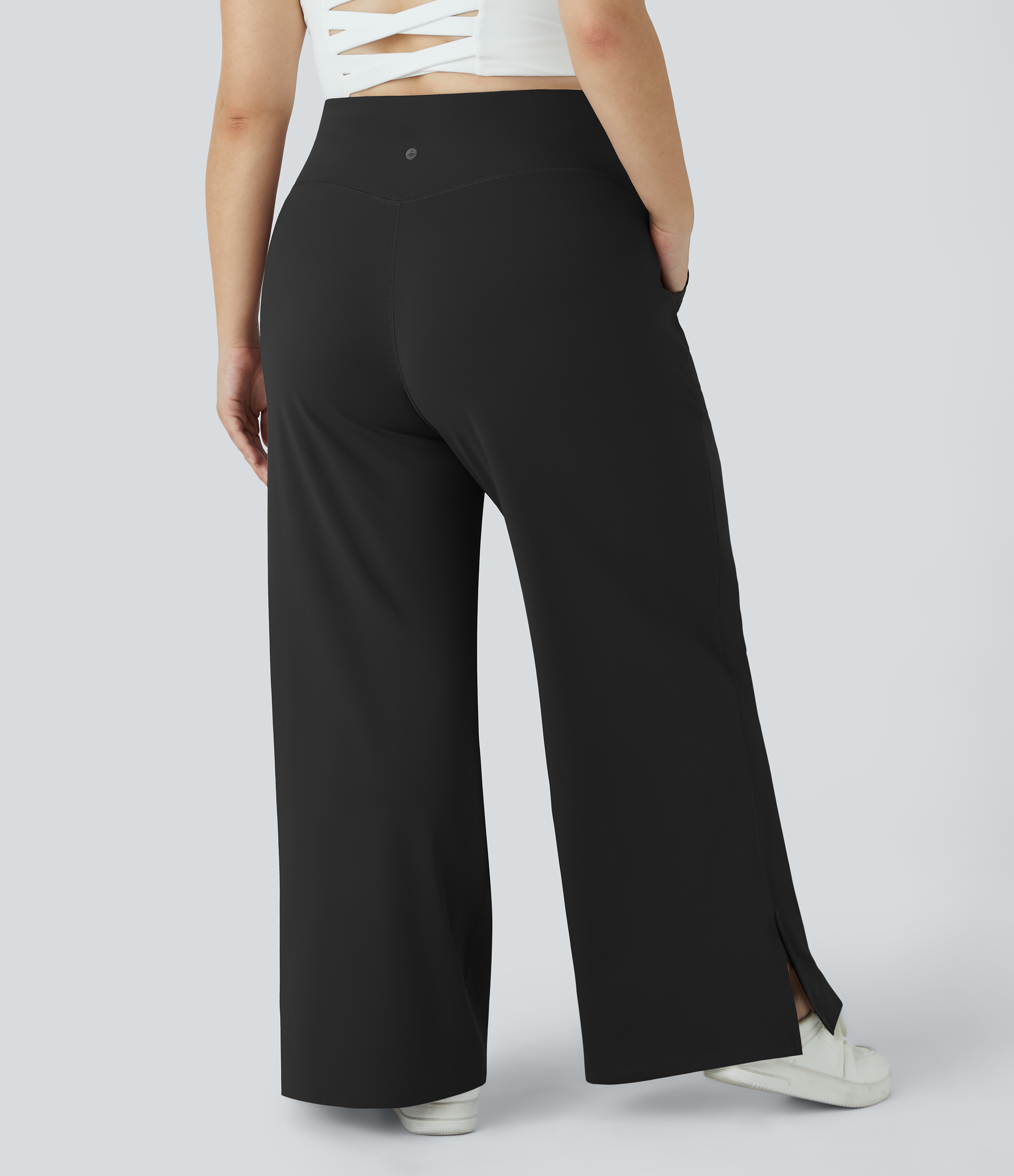 Crossover Pocket Hem Plus Size Wide Leg Yoga Pants-Smile