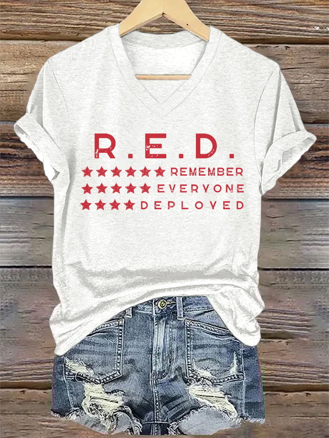 Women's On Fridays We Wear RED Remember Everyone Deployed Print V Neck T-shirt