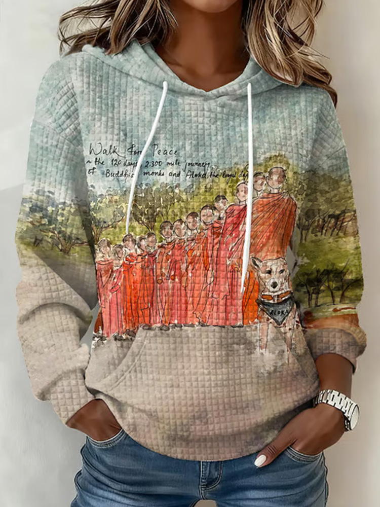 Retro Walk For Peace The 120 Days, 2,300 Mile Journey Of Buddhist Monks And Aloka, The Loyal Dog Watercolor Painting Print Hoodie