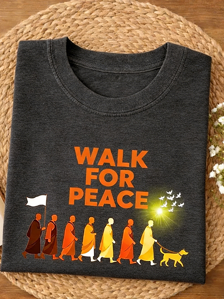 Retro Peace Monk And Alok Dog Print Short Sleeve T-shirt