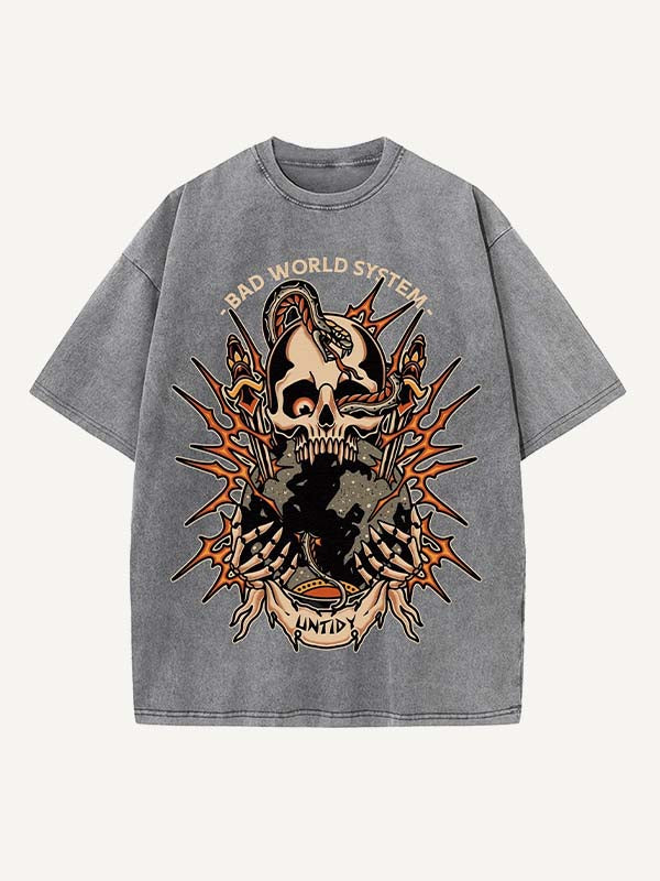 Distressed Washed Skull&Snake&Graphic&Letter Print Round Neck T-shirt