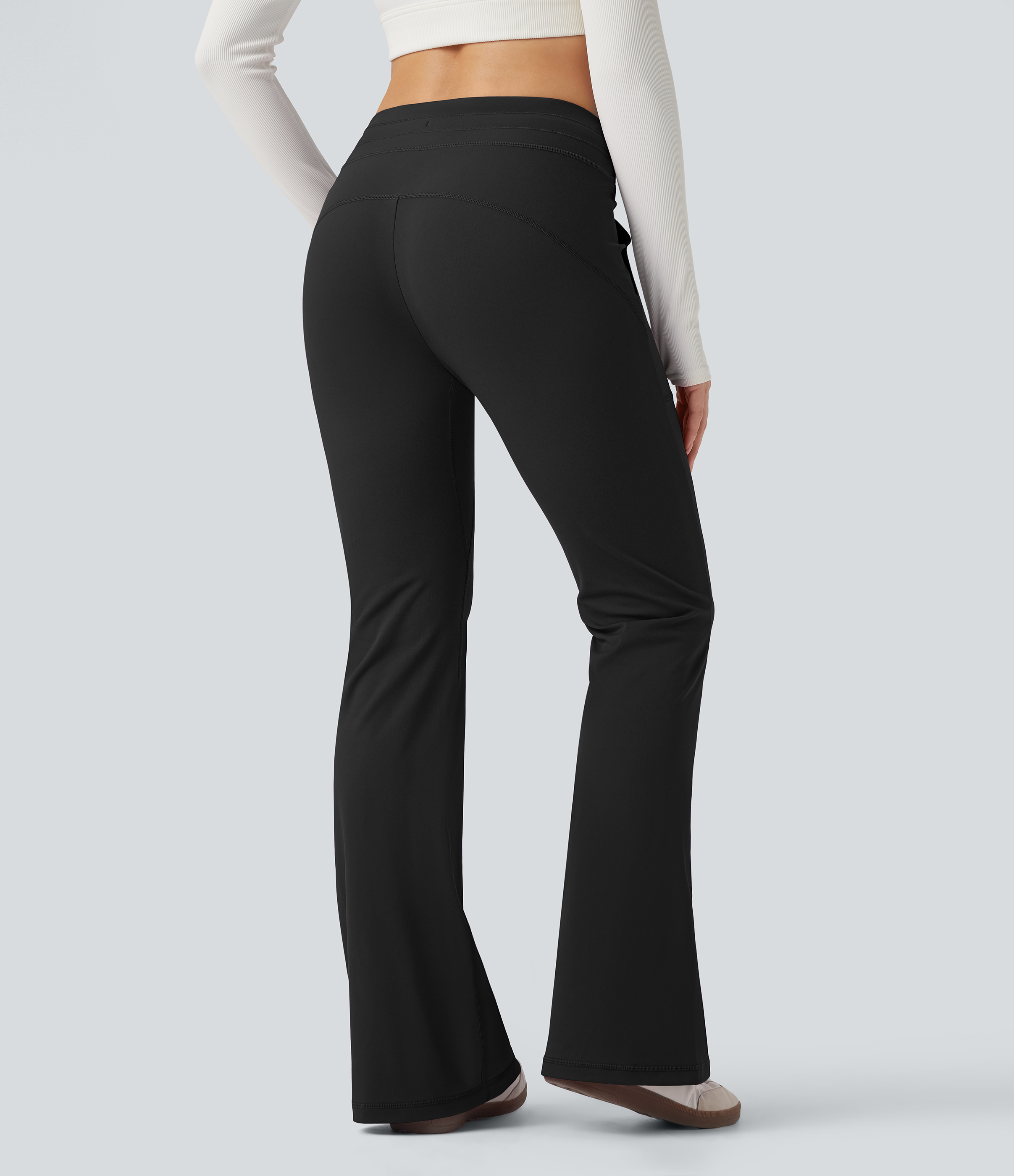 Mid Rise Drawstring Slim Casual Flare Pants with Pockets