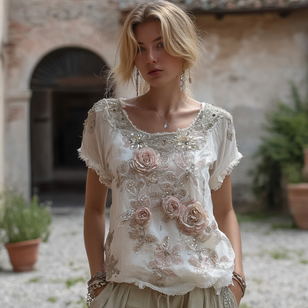 Vintage Bohemian Style Rose Sequin Casual Short Sleeve Shirt