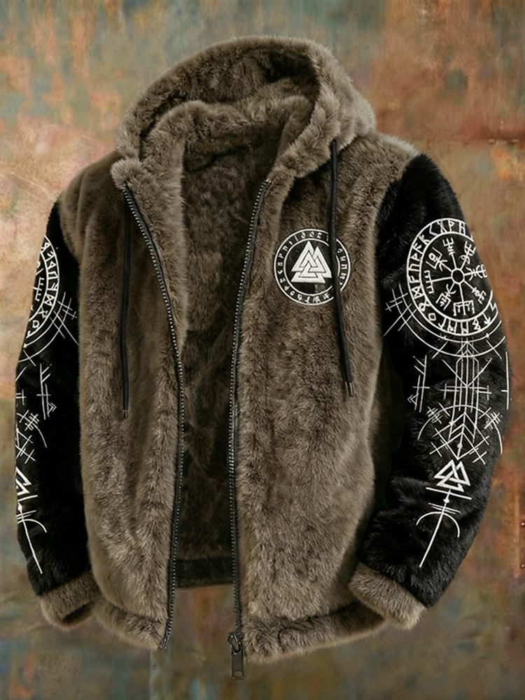 Men's Viking Art Flannel Cozy Warm Zipped Hooded Jacket