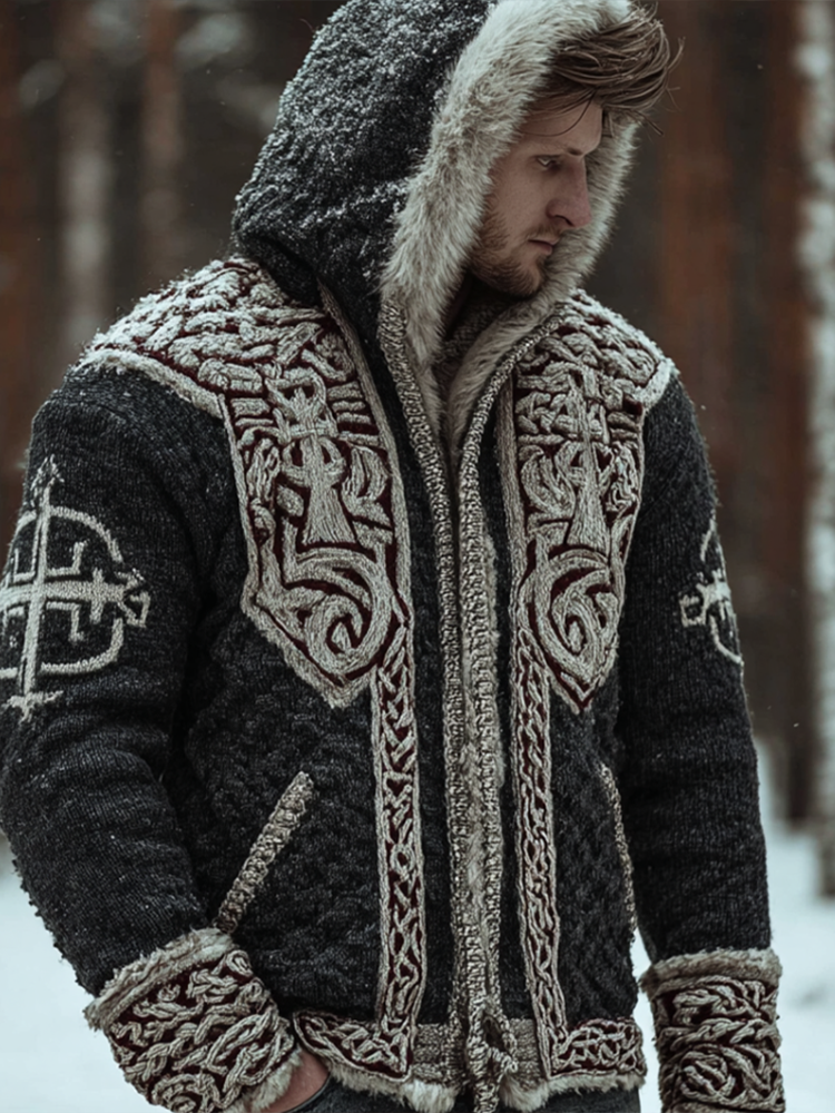 Viking Retro Men's Hooded Knit Sweater Jacket