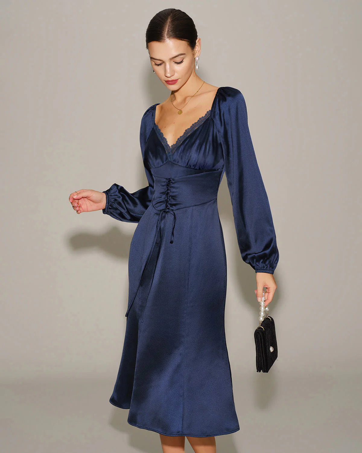 Navy Satin V Neck Ruched Midi Dress