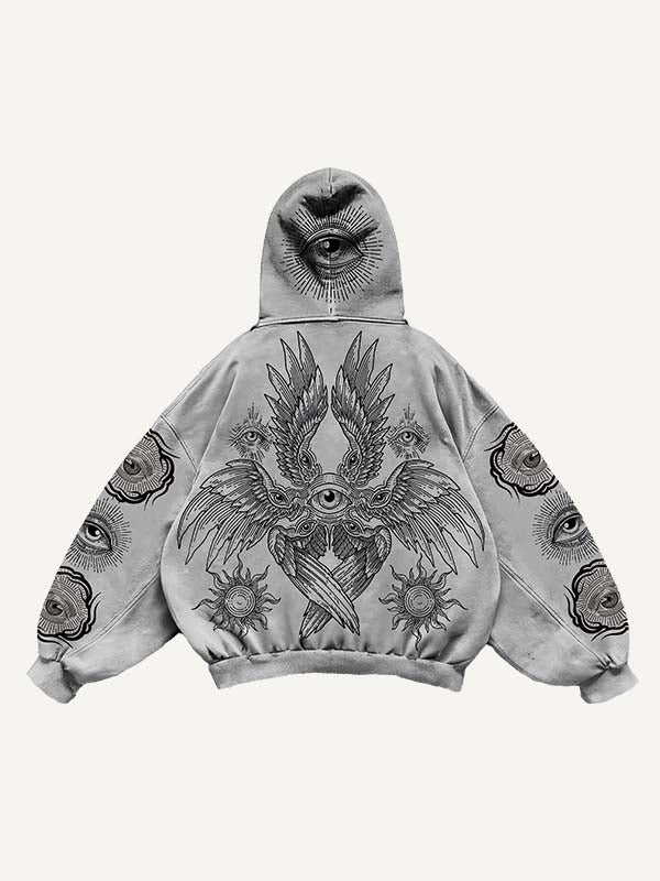 Eye&Wing&Sun Print Slant Pockets Hoodie