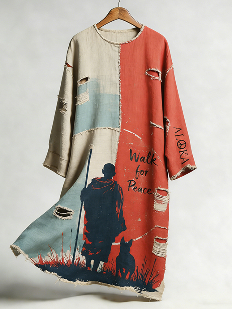 Peace Walk Art Patchwork Print Linen Dress