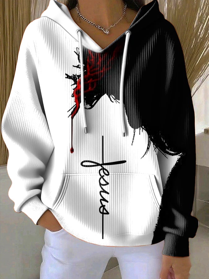 Women's Casual Retro Faith Contrast Color Textured Hoodie