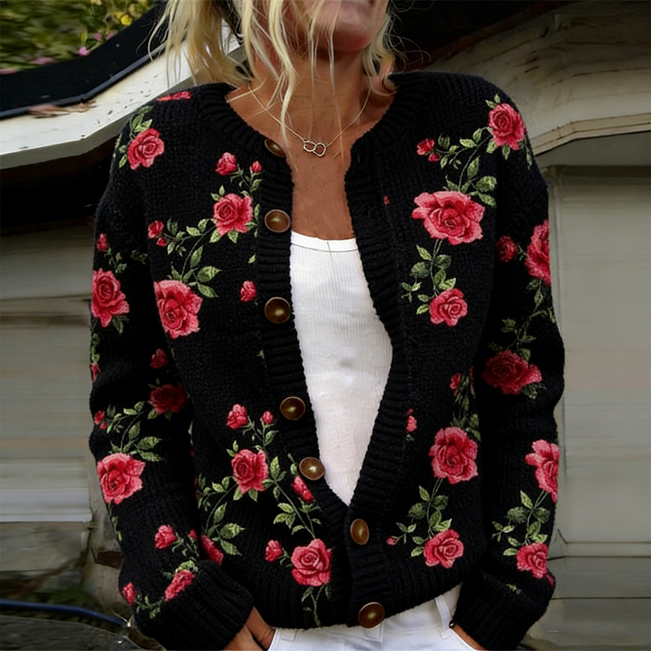 Bohemian Style Rose Pattern Women's Cardigan Sweater