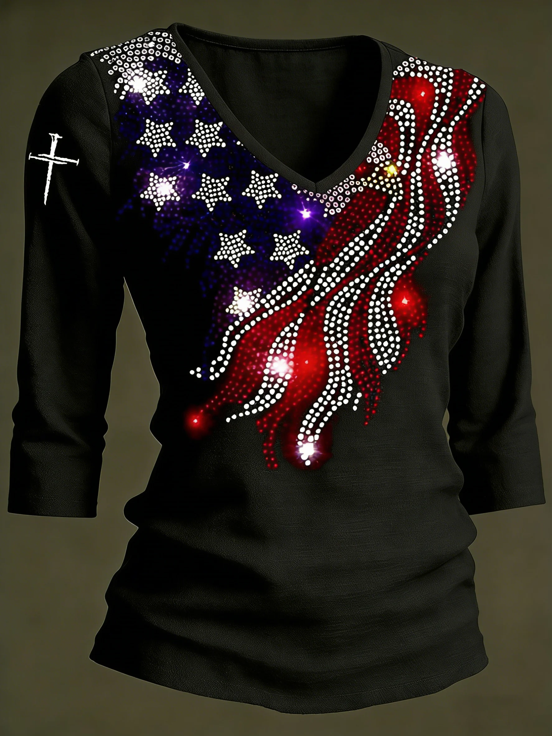 Women's casual cotton and linen American 250th Anniversary Commemorative V-neck top