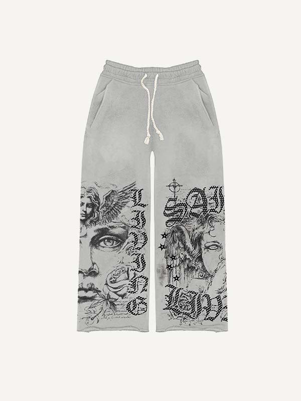 Angel&Eye&Cross&Letter Print Elastic Waist Pants