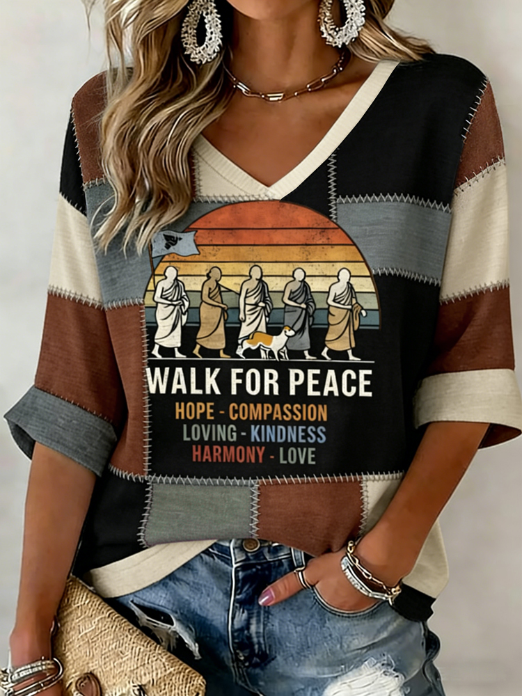 Walk For Peace In Patchwork Art Embroidered Print T-shirt