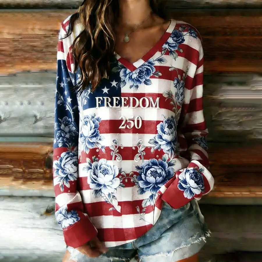 Women's Casual American 250th Anniversary Long-Sleeve Printed T-Shirt