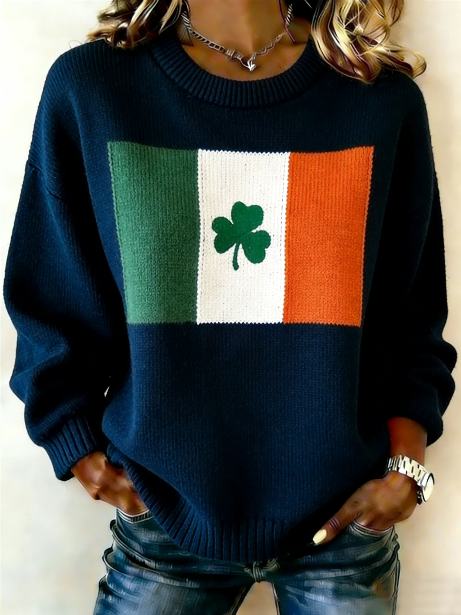 Women's St. Patrick's Day Print Knit Crew Neck Long Sleeve Top