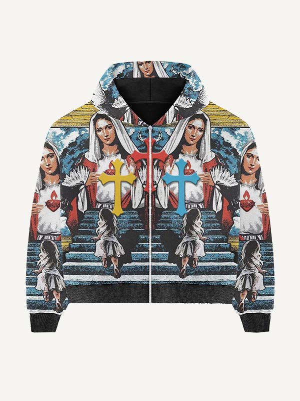 Mary&Cross&Letter&Graphic Print Zip Up Hooded Coat