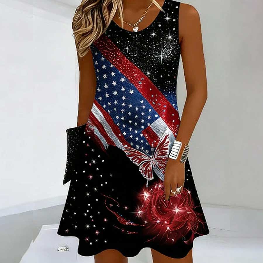 Women's Patriotic Art-Themed Floral & Butterfly   U.S. 250th Anniversary Edition Print Dress