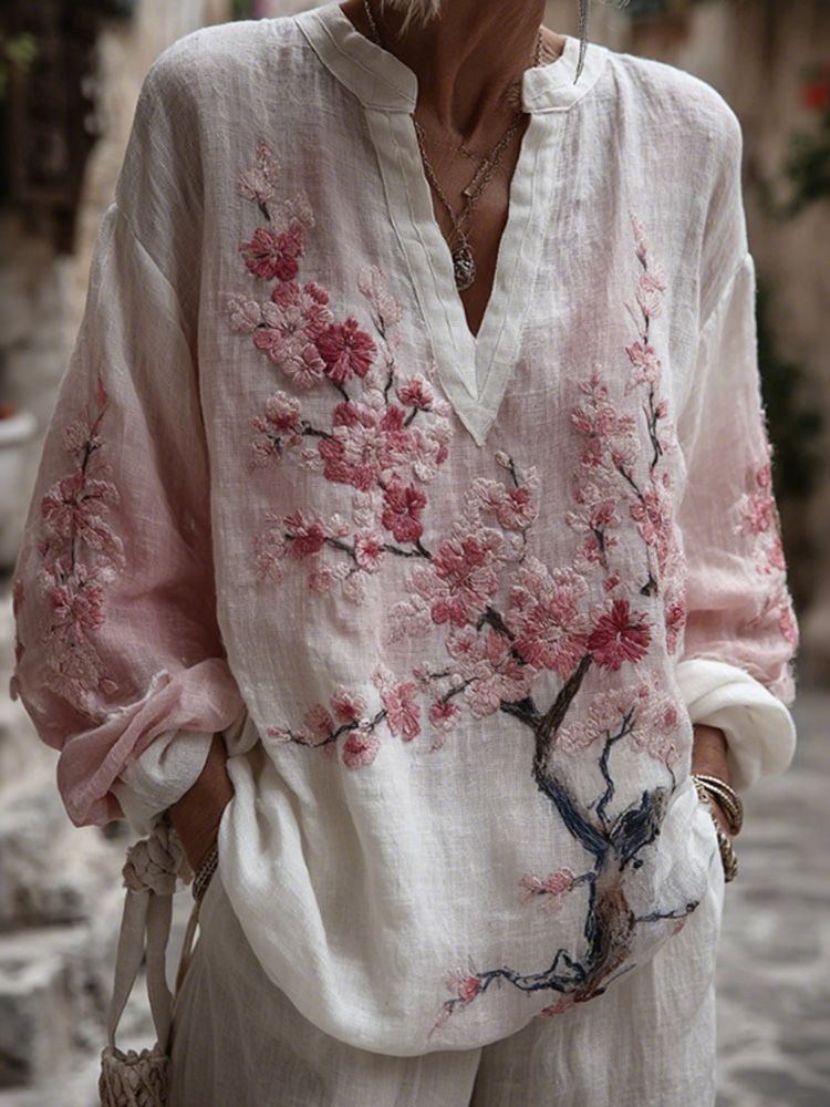 Women's Vintage Pink Floral Art Linen V-neck T-shirt