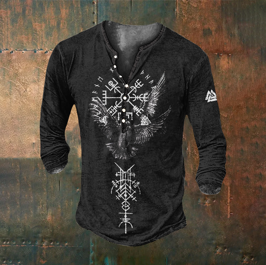 Tribal Viking Bird Graphics Contrast Henley Collar Long Sleeves T-Shirt