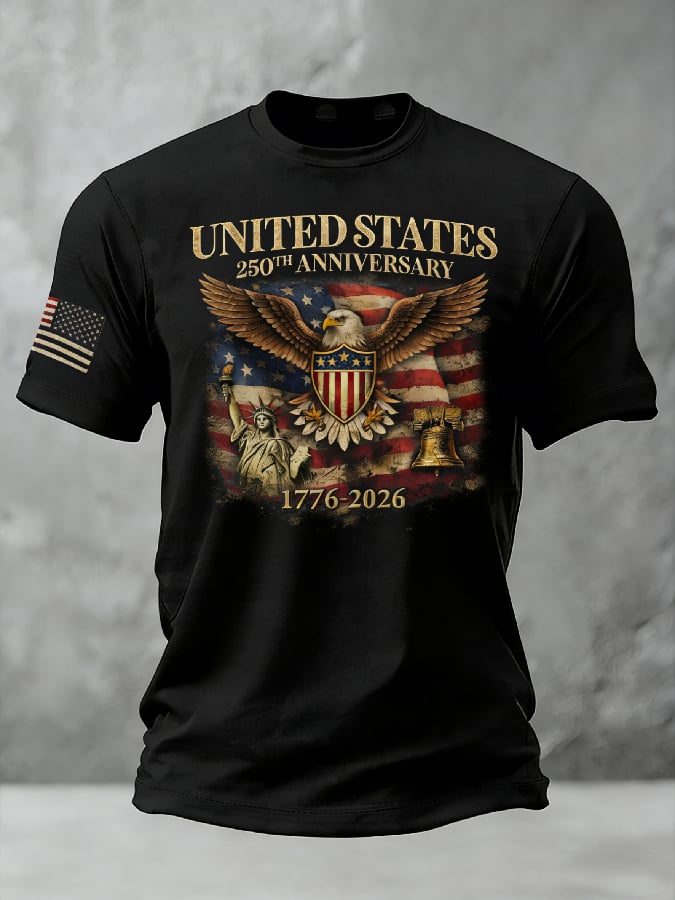 Men's Casual American 250th Anniversary Print Waffle Knit T-shirt