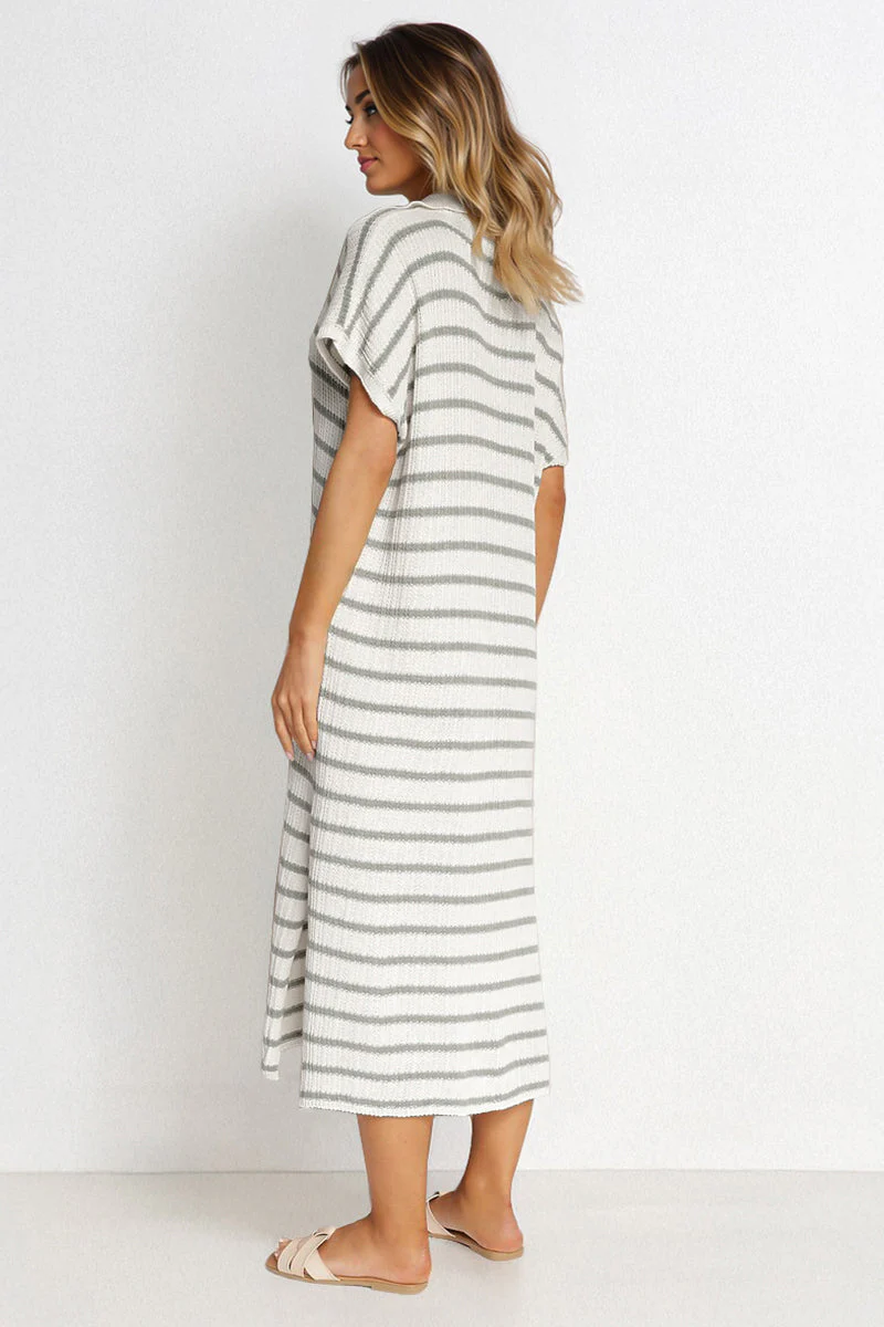 V-Neck Batwing Midi Dress Striped Collar Side-Slit Slouchy Summer