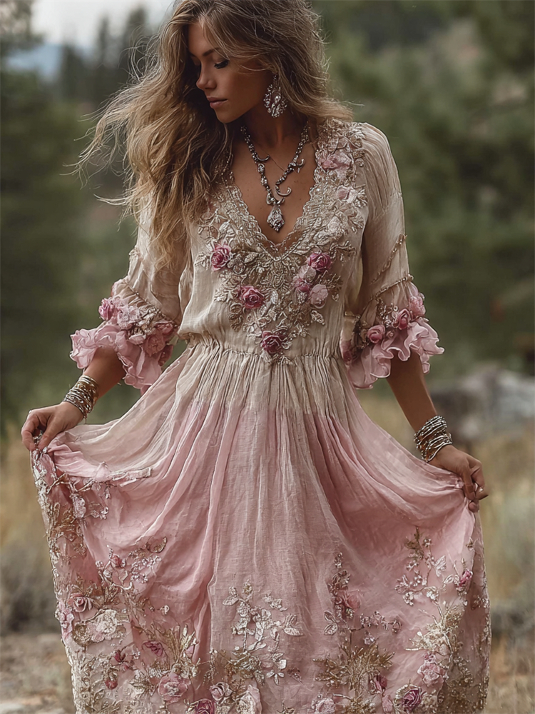 Boho Pink Roses Lace Gradient Linen Maxi Dress