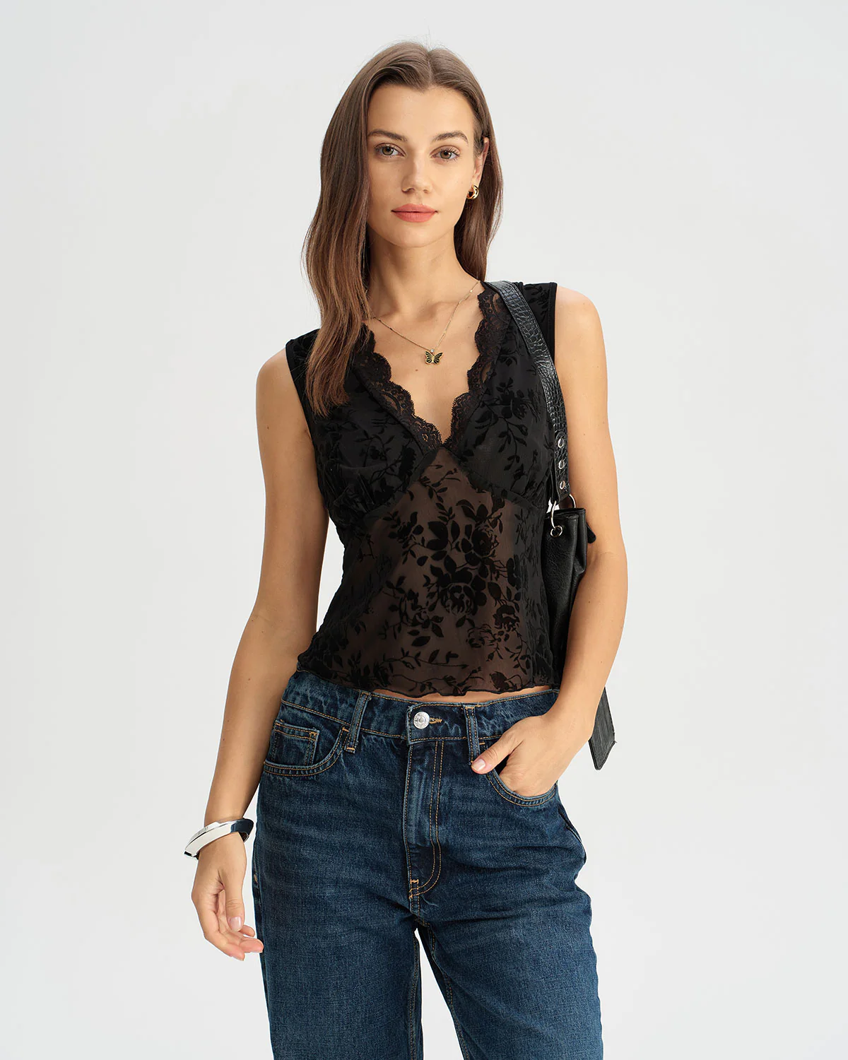 Black Lace V Neck Tank Top