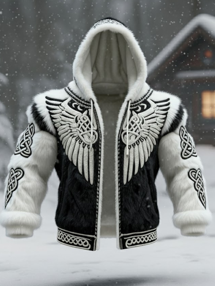 Men's Viking Tribal Jacquard Celtic With Wings Inspired Art Plush Warm Zipped Hooded Jacket