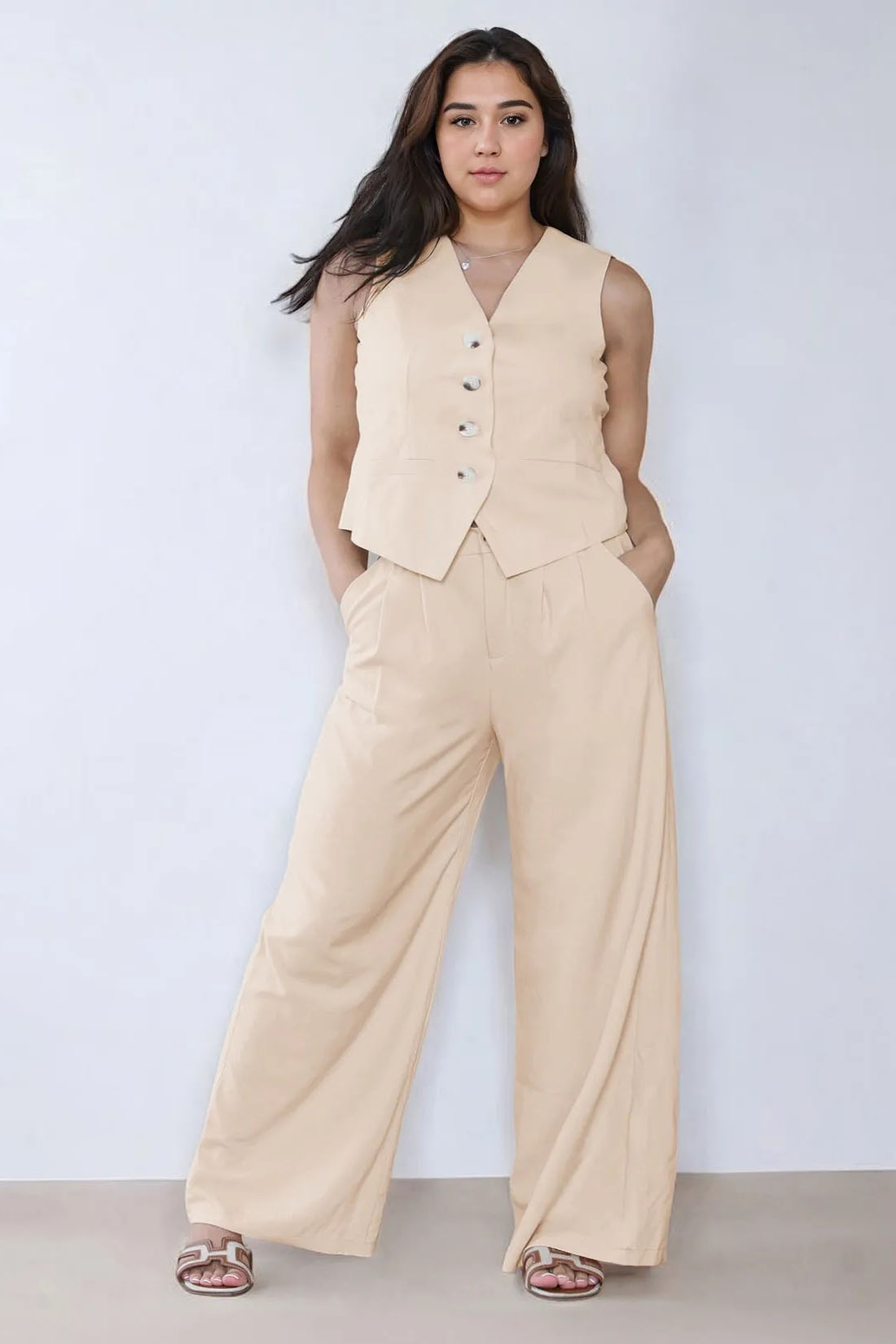 Summer Plain V-Neck Sleeveless Button Tank & Suiting Pants Co-ord