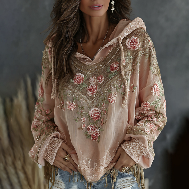 Women's Retro Floral Embroidered Art Print Flowy Linen Blend Casual Hoodie