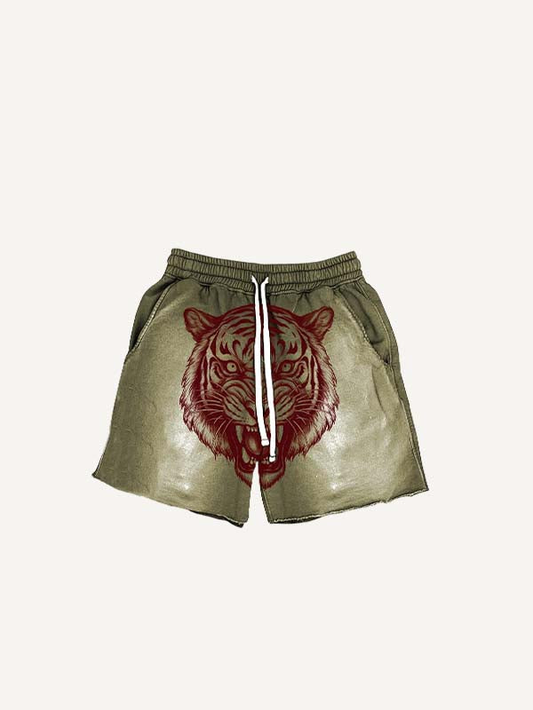 Tiger&Letter Print Drawstring Waist Shorts