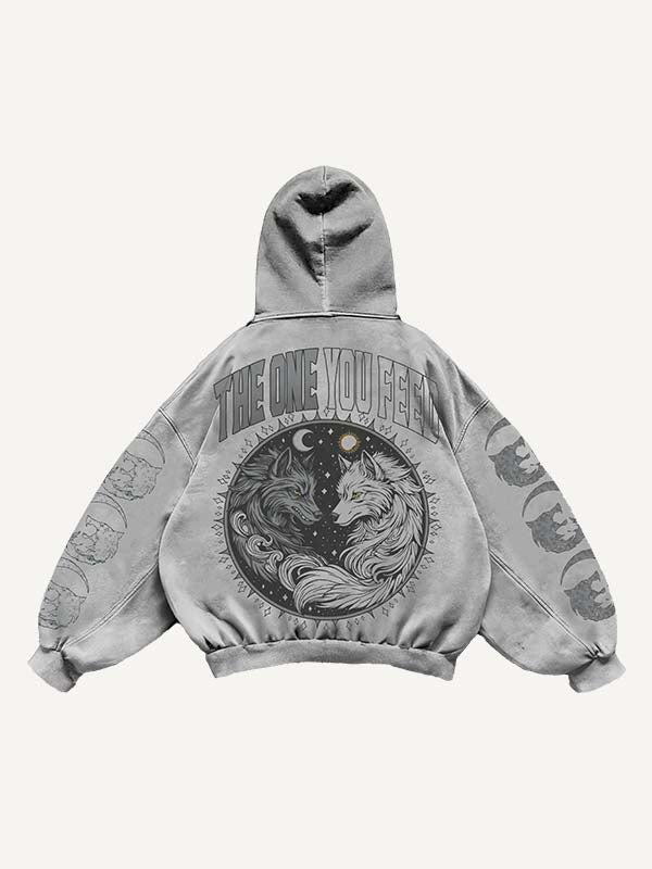Wolf&Sun&Moon&Letter Print Slant Pockets Hoodie