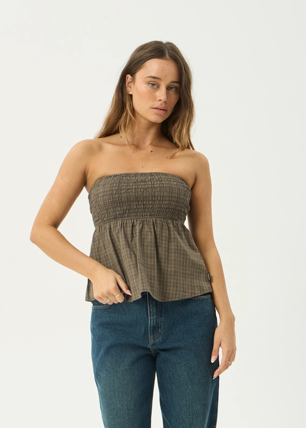 AFENDS Womens Mina Shadow - Strapless Top - Stone Check