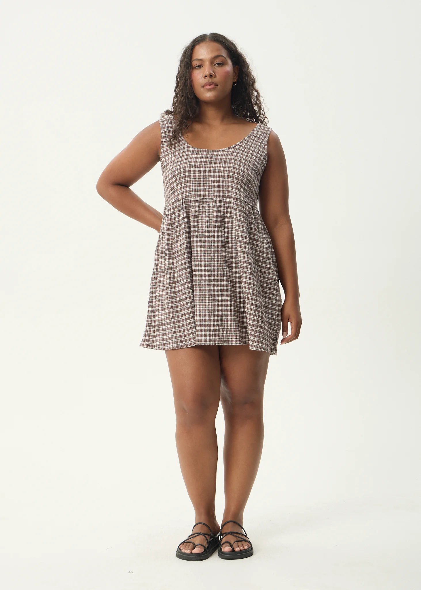 AFENDS Womens Jesse - Seersucker Mini Dress - Coffee Check