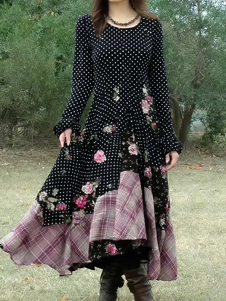 Women's Vintage Polka Dot And Rose Floral Plaid Patchwork Linen Dress