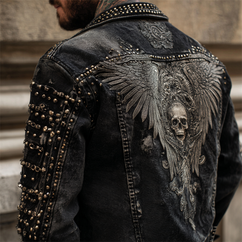 Men's Rock Style Skull With Wings Studded Washed Denim Jacket