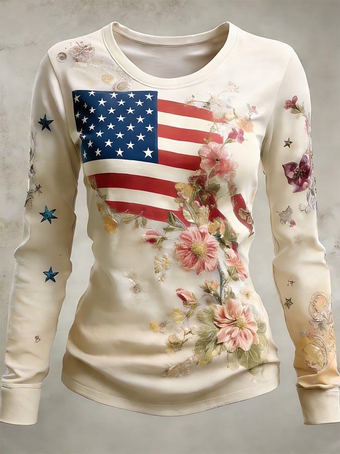 Women's 250th Anniversary American Flag Vintage Floral Print Long-Sleeve Top
