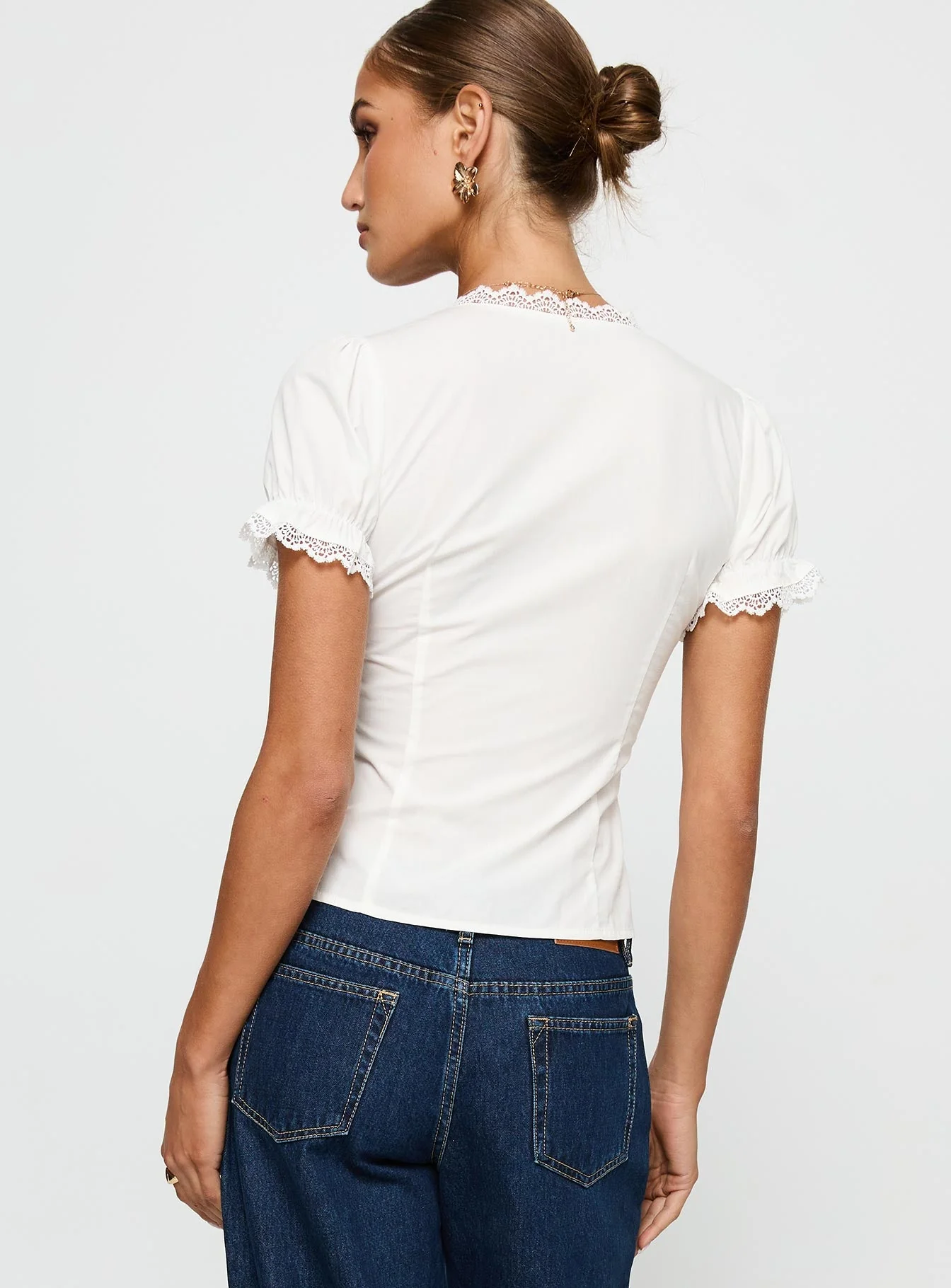 Abundance Tie Up Lace Trim Top White