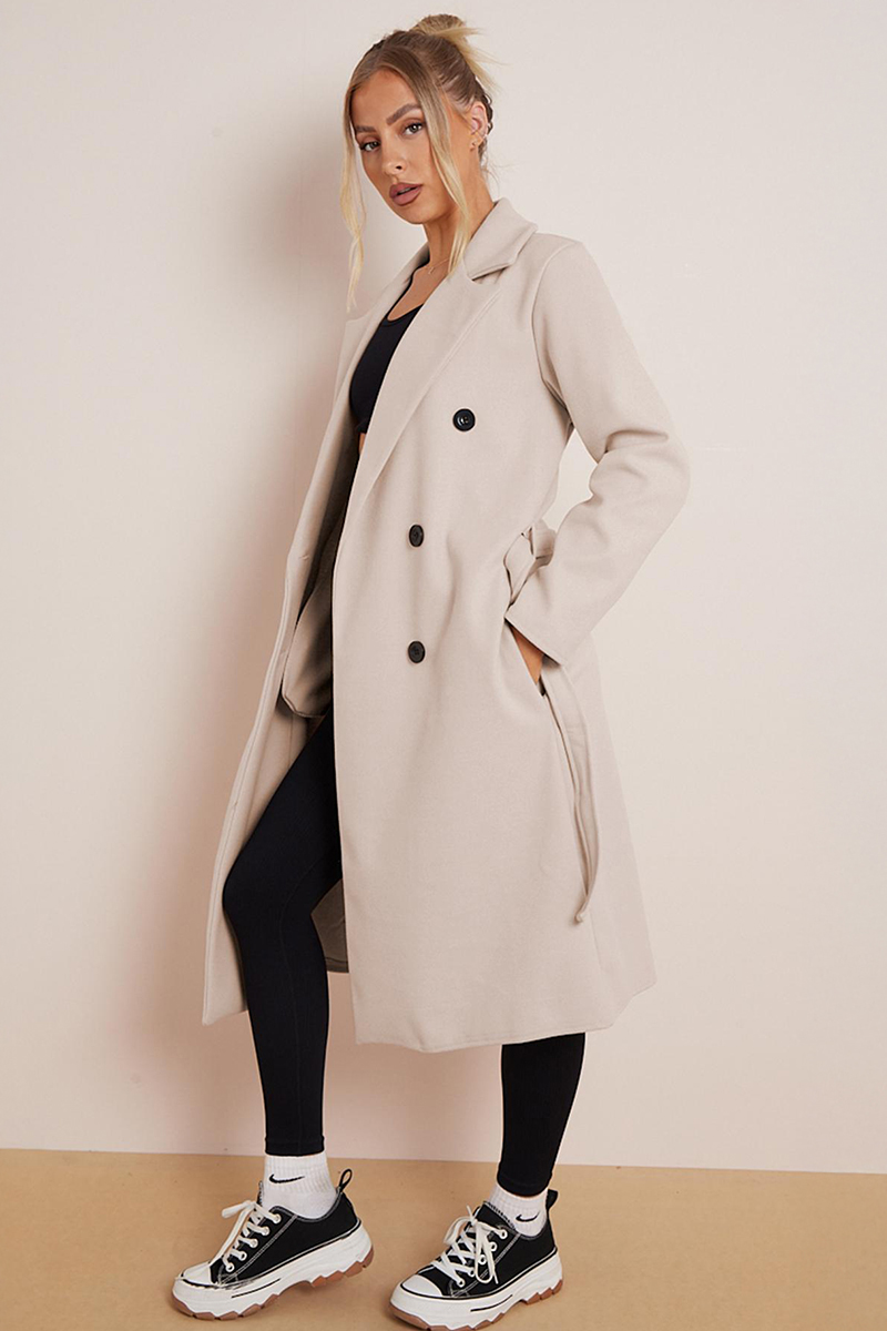 Classy Notch Lapel Double Breasted Waist Tie Thermal Coat